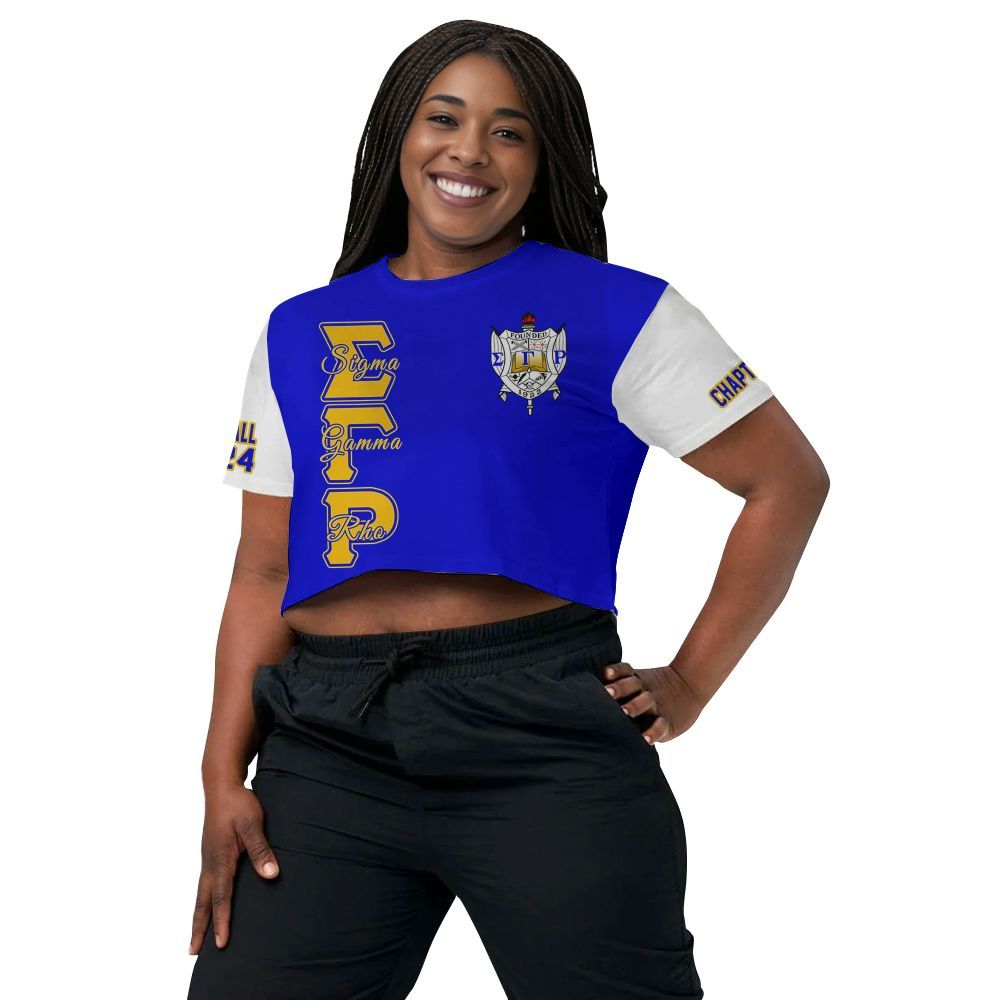 Ireishprint Sigma Gamma Rho Custom Chapter Crop Shirt, Personalized Royal Blue Mix White Sigma Gamma Rho Sorority Crop Top 3D
