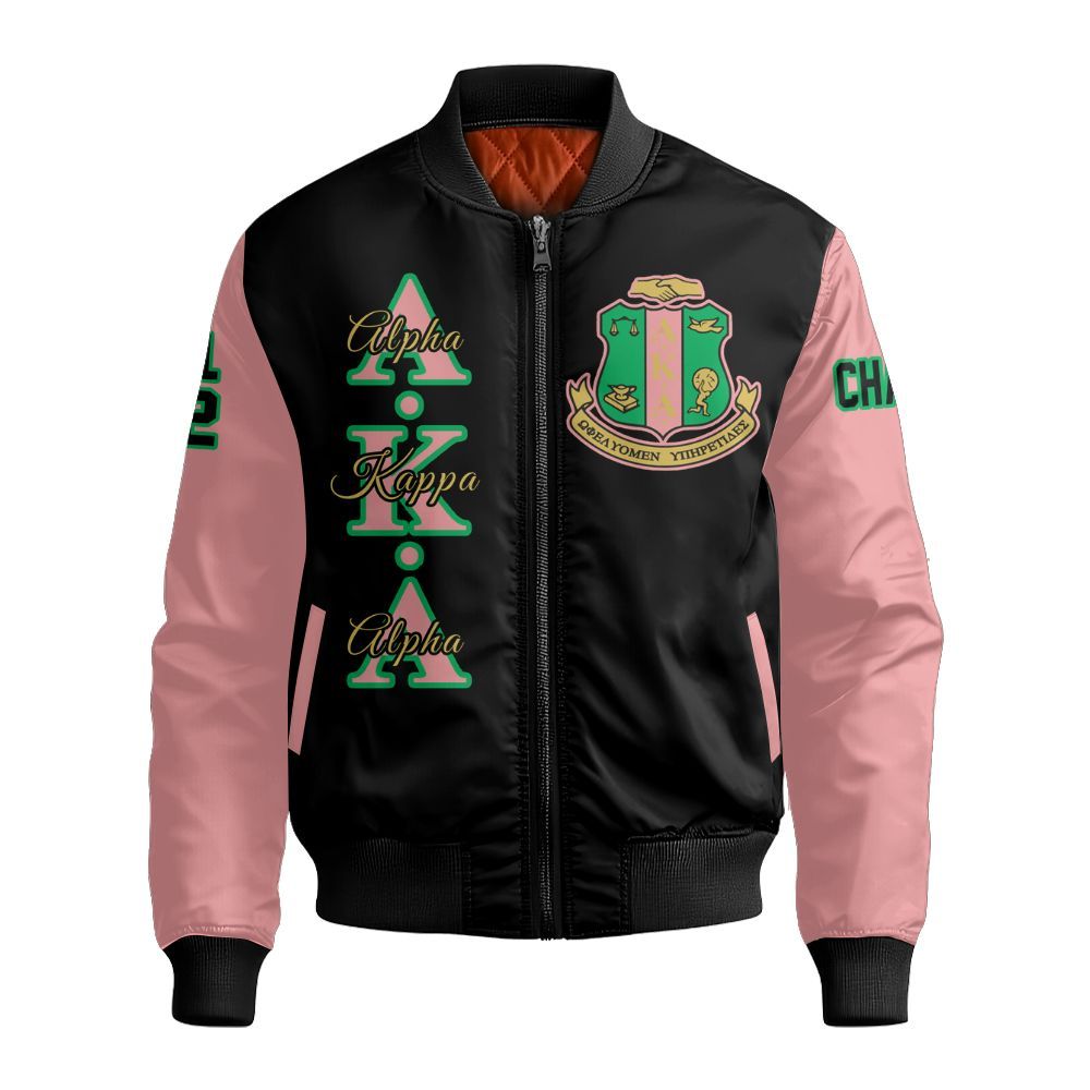 Ireishprint A.K.A Custom Chapter Bomber Jacket, Personalized Black Mix Salmon Pink Sleeve 1908 Sorority Bomber Jacket