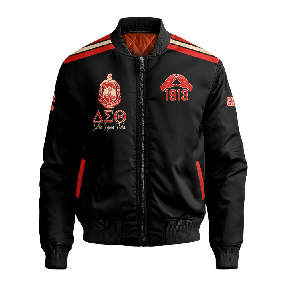 Ireishprint Delta Sigma Theta Custom Chapter Crop Shirt, Personalized Hand Sign Black Delta Sigma Theta Sorority Bomber Jacket