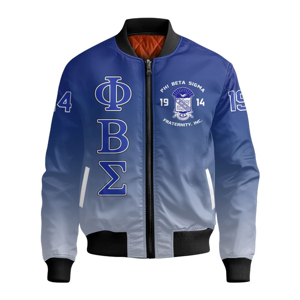 Ireishprint Phi Beta Sigma Bomber Jacket, ΦΒΣ Lettered Gradient Royal Blue Style 1914 Fraternity Bomber Jacket