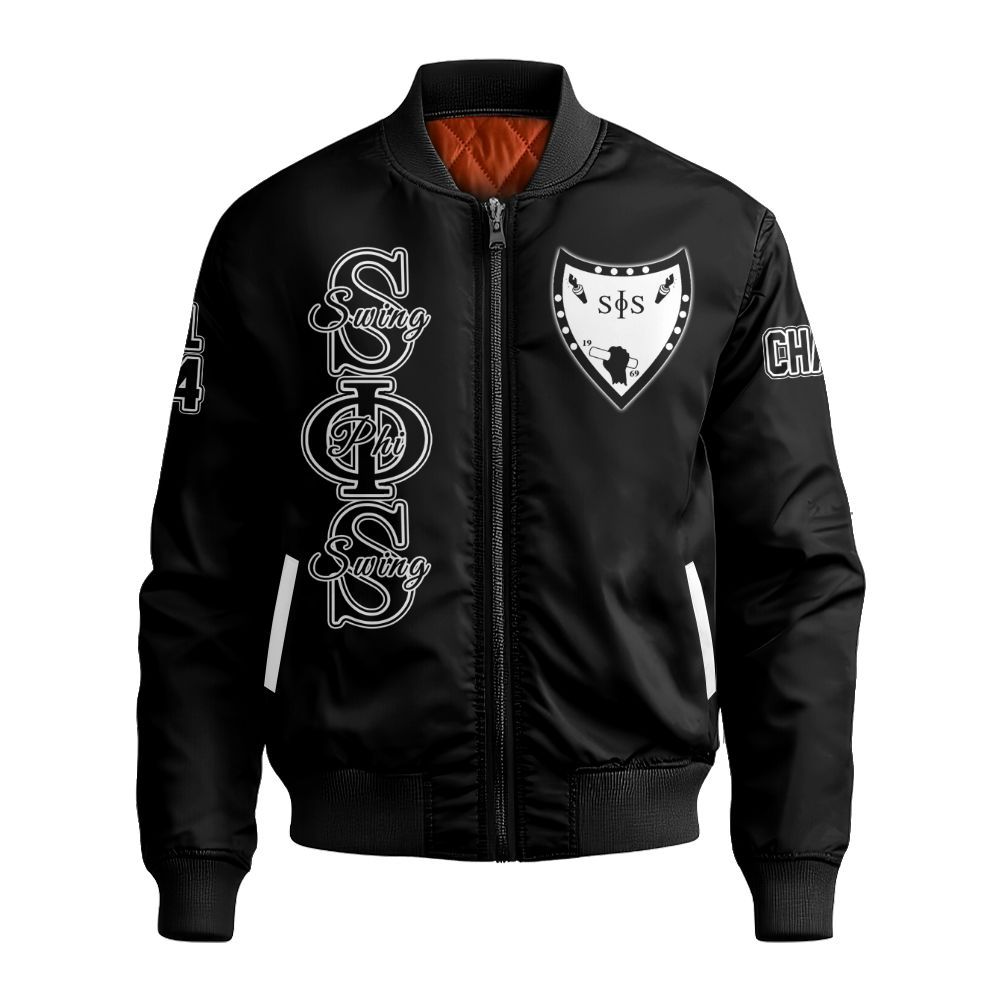 Ireishprint Swing Phi Swing Custom Chapter Off Shoulder Sweatshirt, Custom Black Off Shoulder Sweatshirt Swing Phi Swing Sorority Bomber Jacket