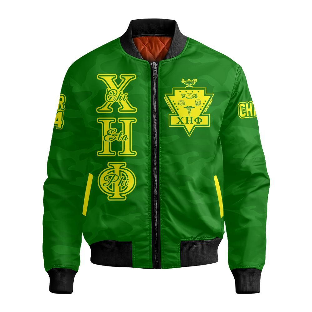 Ireishprint Chi Eta Phi Custom Line Crossing Jacket, Personalized Camo Style Pea Green Jacket Chi Eta Phi Sorority Bomber Jacket