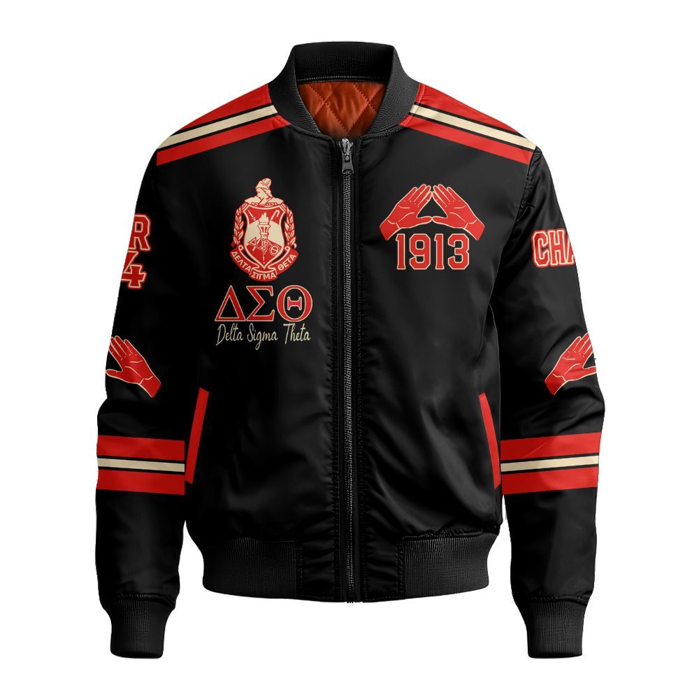 Ireishprint Delta Sigma Theta Custom Chapter Bomber Jacket, Personalized Hand Sign Black Jacket Delta Sigma Theta Sorority Bomber Jacket