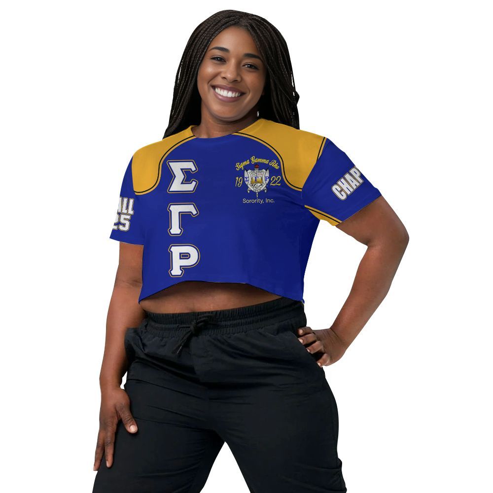 Ireishprint Sigma Gamma Rho Custom Chapter Crop Shirt, Gold Mix Royalt Blue Racing Style 1922 Sorority Crop Top