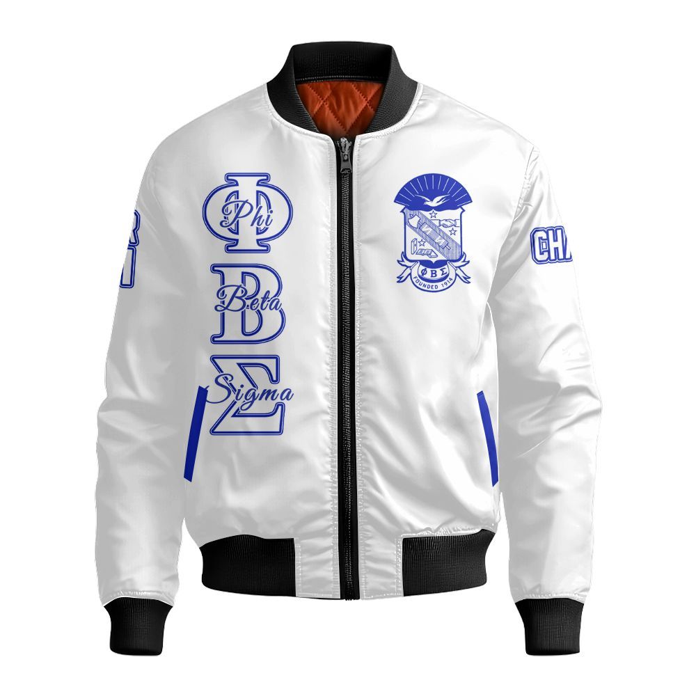 Ireishprint Phi Beta Sigma Custom Chapter Bomber Jacket, Personalized White Bomber Jacket Phi Beta Sigma Fraternity Bomber Jacket