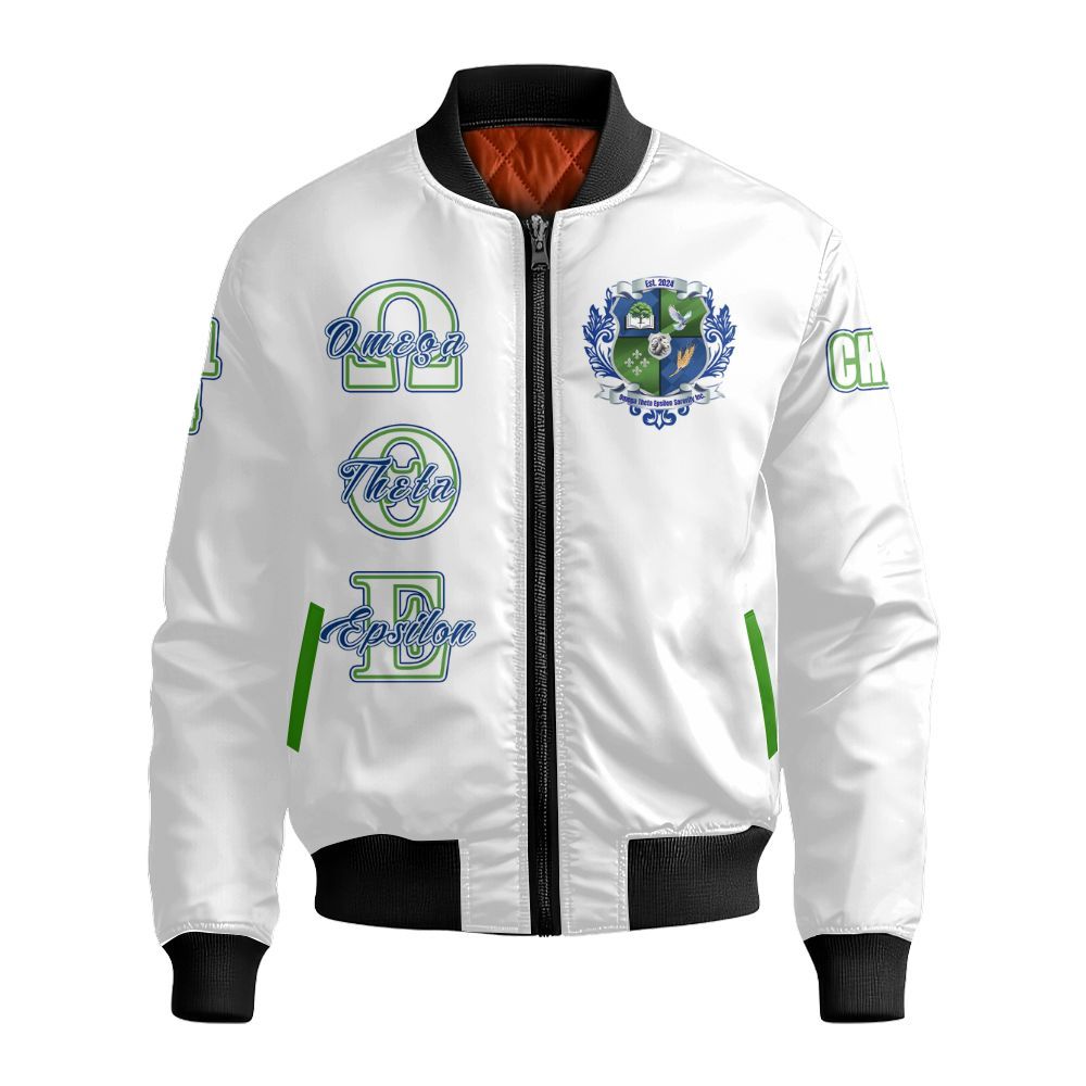 Ireishprint Omega Theta Epsilon Custom Chapter Varsity Jacket, Custom Omega Theta Epsilon Sorority White Jacket Since 2024 Sorority Bomber Jacket