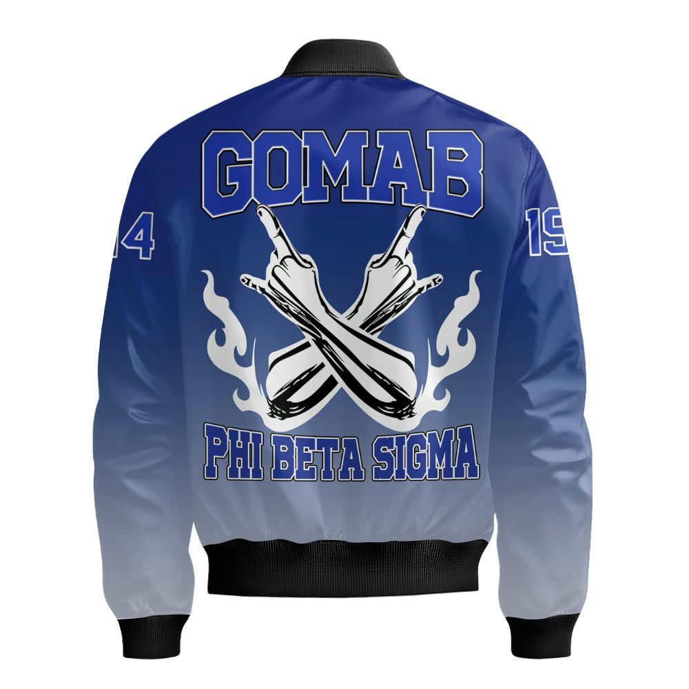 Ireishprint Phi Beta Sigma Bomber Jacket, ΦΒΣ Lettered Gradient Royal Blue Style 1914 Fraternity Bomber Jacket
