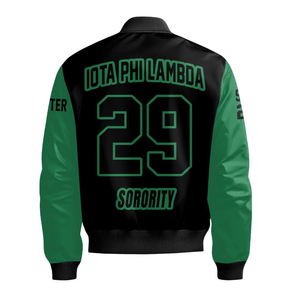 Ireishprint Iota Phi Lambda Custom Chapter Shirt, Personalized Black Mix Emerald Green Shirt Iota Phi Lambda Sorority Bomber Jacket