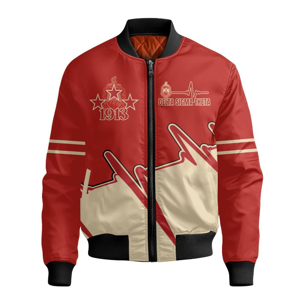 Ireishprint Delta Sigma Theta Custom Name Off Shoulder Sweatshirt, Delta Sigma Theta Sorority Custom Name Heart Rate Style Sorority Bomber Jacket