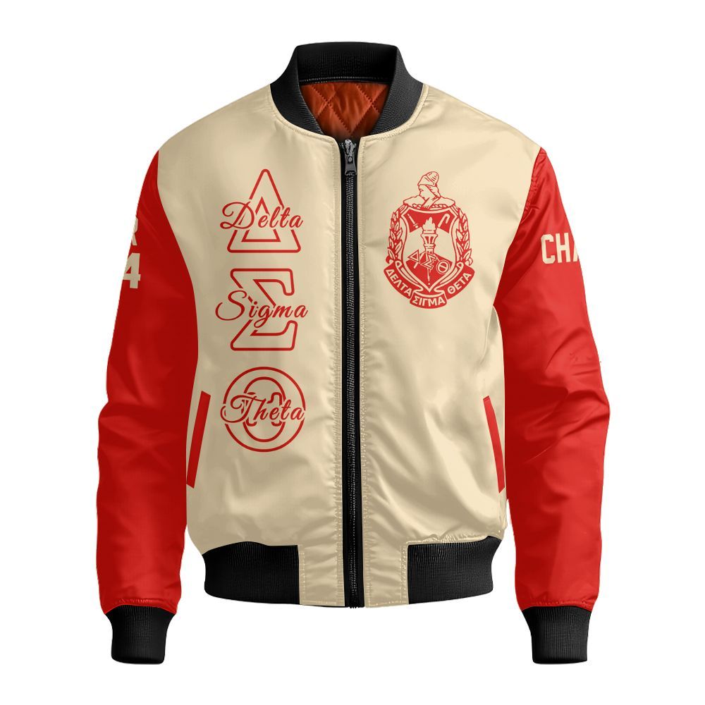 Ireishprint Delta Sigma Theta Custom Chapter Varsity Jacket, Personalized Cream Mix Crimson Varsity Jacket Delta Sigma Theta Sorority Bomber Jacket