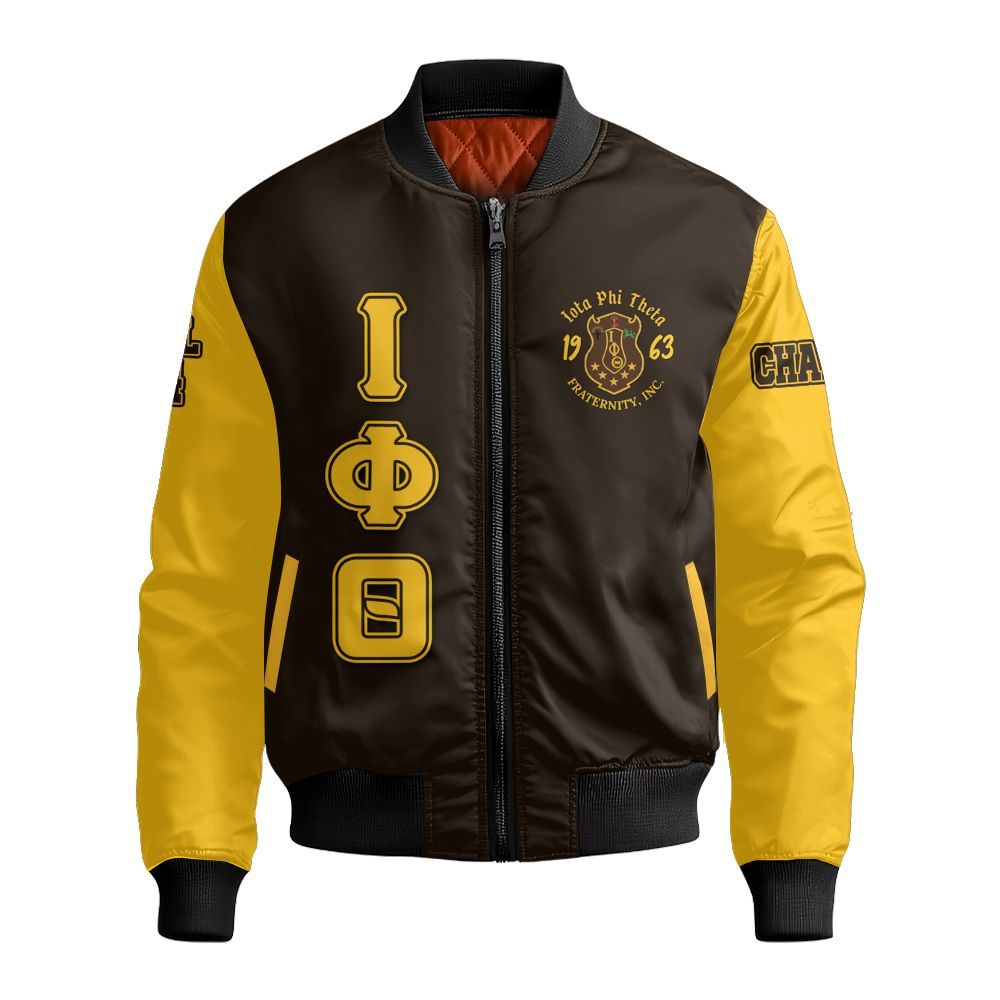 Ireishprint Iota Phi Theta Custom Chapter Shirt, Charcoal Brown Gold Sleeves ΙΦΘ Lettered Fraternity Bomber Jacket