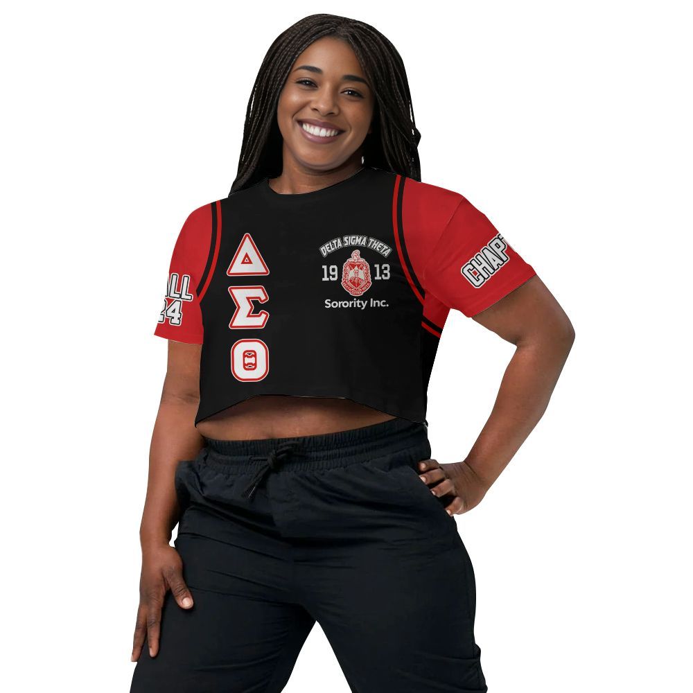 Ireishprint Delta Sigma Theta Custom Chapter Crop Shirt, Delta Sigma Theta Red Curved Shoulder Style White Sleeve 1913 Sorority Crop Top