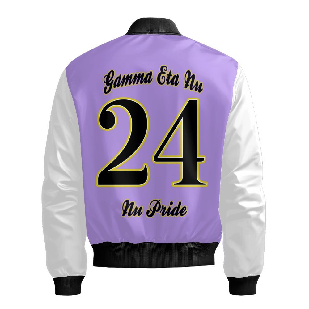 Ireishprint Gamma Eta Nu Sorority Custom Chapter Varsity Jacket, Lavender Purple Mix White Sleeves Gamma Eta Nu Sorority Bomber Jacket