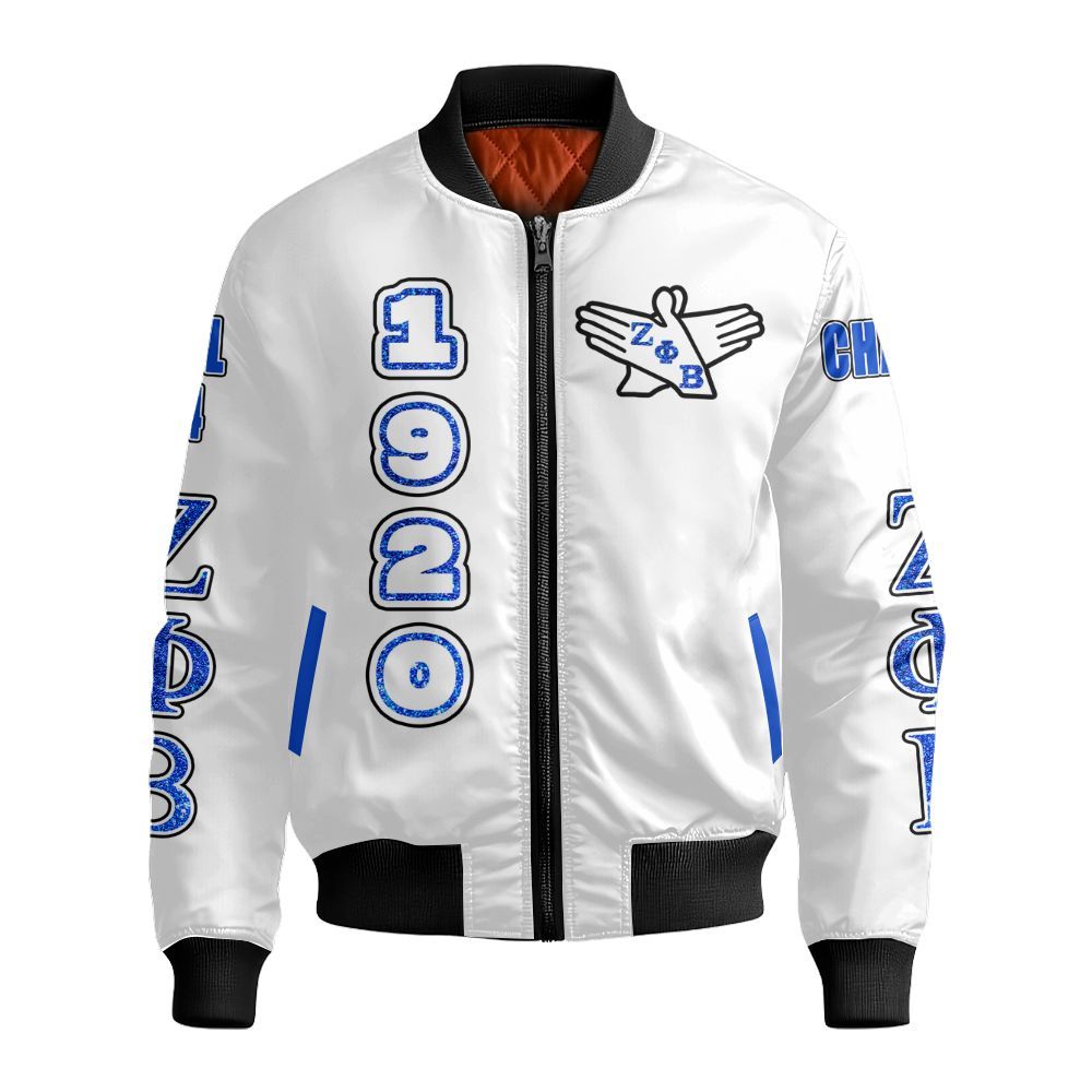 Ireishprint Zeta Phi Beta Custom Line Crossing Jacket, Personalized White Gilter Style Z Phi B Jacket 1920 Zeta Phi Beta Sorority Bomber Jacket