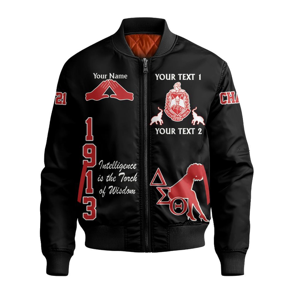 Ireishprint Delta Sigma Theta Custom Full Line Bomber Jacket, Crest Highlight Black Duo Crimson Red Sorority Bomber Jacket