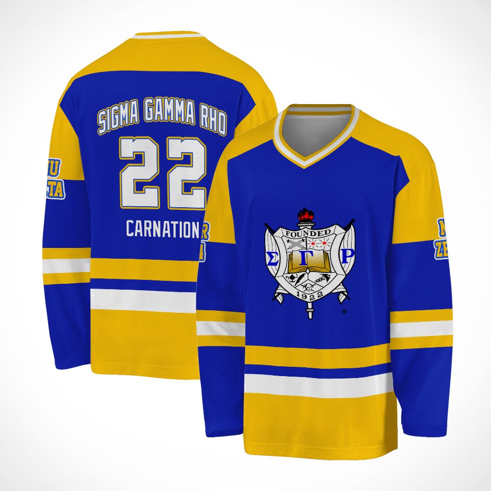 Ireishprint Sigma Gamma Rho Custom Chapter Hockey Jersey, Royal Blue Duo Gold Simple Style 1922 Sorority Hockey Jersey