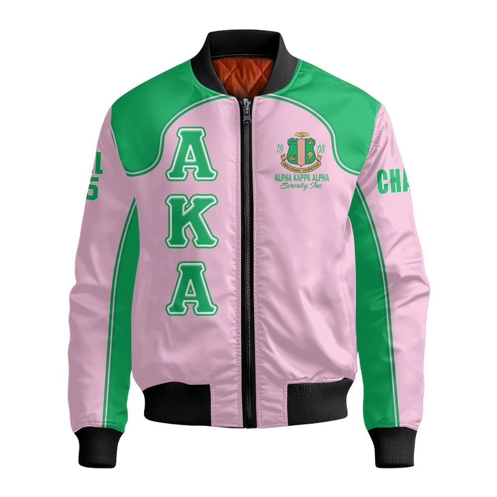 Ireishprint A.K.A Custom Chapter Varsity Jacket, Salmon Pink And Apple Green Racing Style 1908 Sorority Bomber Jacket