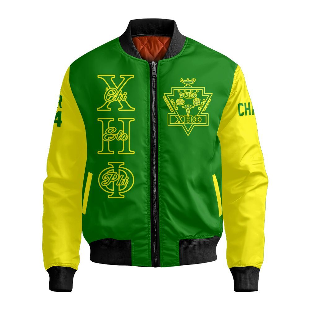 Ireishprint Chi Eta Phi Custom Chapter Shirt, Personalized Pea Green Mix Lemon Yellow Shirt Chi Eta Phi Sorority Bomber Jacket