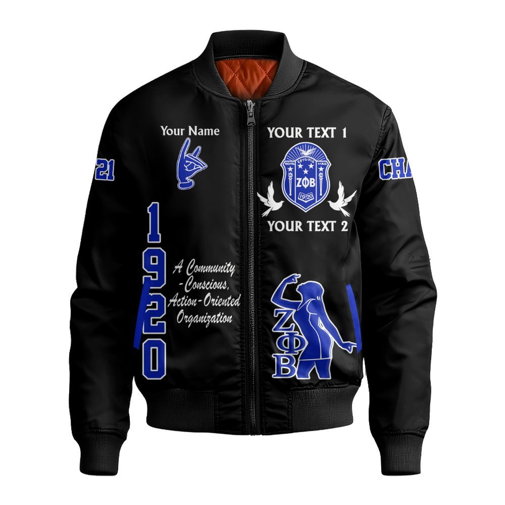 Ireishprint Zeta Phi Beta Custom Full Line Bomber Jacket, Crest Highlight Z-Blue Duo Black Color 1920 Sorority Bomber Jacket