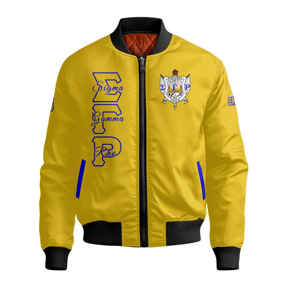 Ireishprint Sigma Gamma Rho Custom Chapter Crop Shirt, Personalized Gold Sigma Gamma Rho Sorority Bomber Jacket