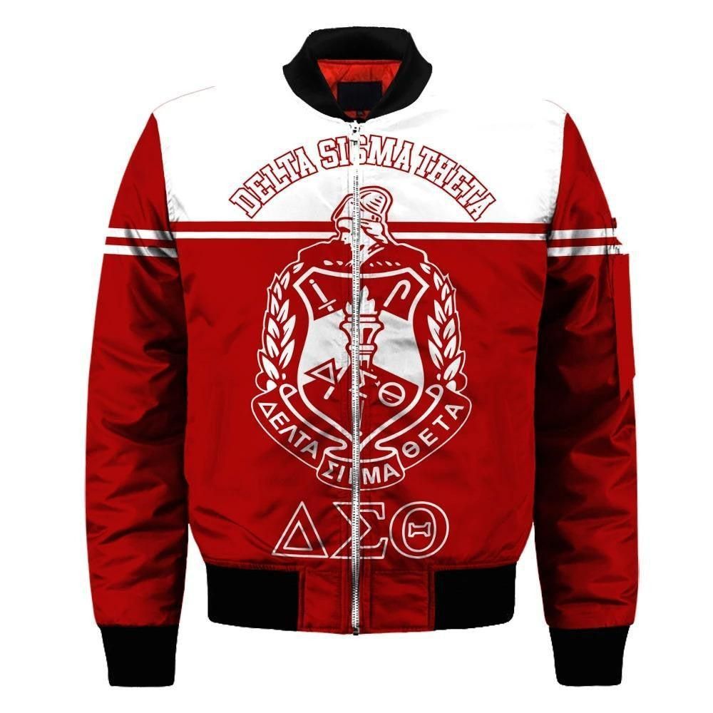 Delta Sigma Theta Hand Sign Red White Sleeve Zip Bomber Jacket