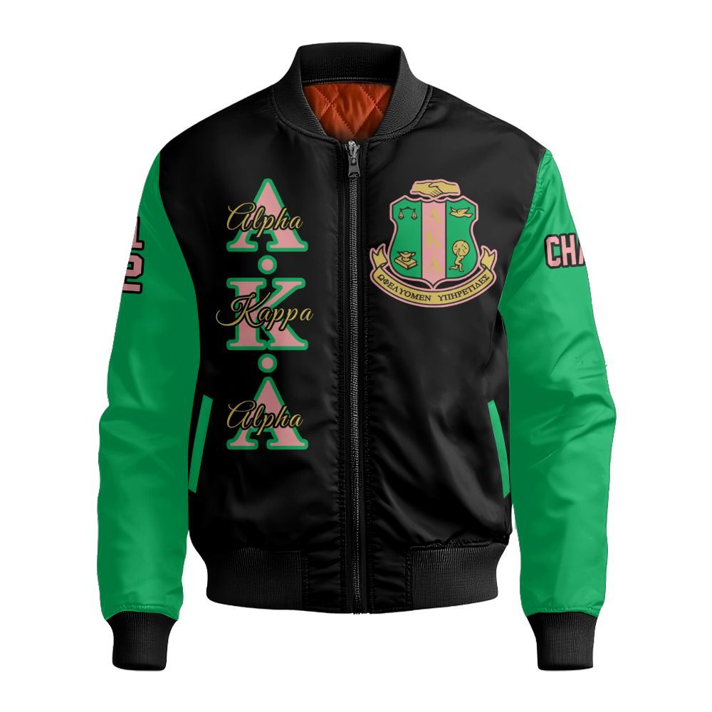 Ireishprint A.K.A Custom Chapter Bomber Jacket, Personalized Black Mix Apple Green Bomber Jacket 1908 Sorority Bomber Jacket