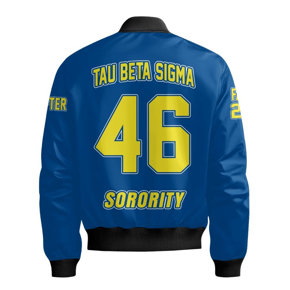 Ireishprint Tau Beta Sigma Custom Chapter Off Shoulder Sweatshirt, Personalized Blue Yellow Off Shoulder Sweatshirt Tau Beta Sigma Sorority Bomber Jacket