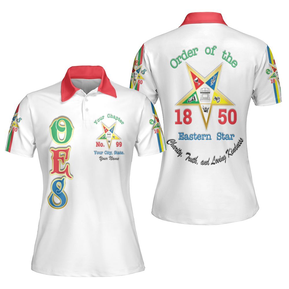 Ireishprint OES Custom Legacy Polo Shirt, White Multicolor Line Emblem Order Of The Eastern Star OES Polo Shirt Sorority Polo Shirt