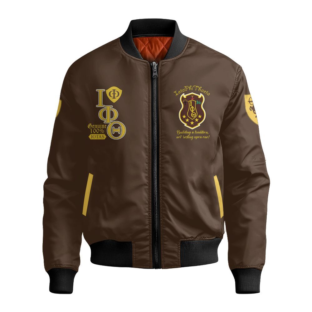 Ireishprint Iota Phi Theta Shirt, Charcoal Brown Gold Sleeves 1963 Fraternity Bomber Jacket