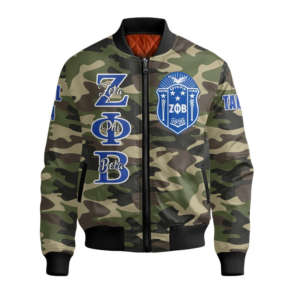 Ireishprint Zeta Phi Beta Custom Chapter Off Shoulder Sweatshirt, Personalized Camo Style Camoflage Zeta Phi Beta Sorority Bomber Jacket