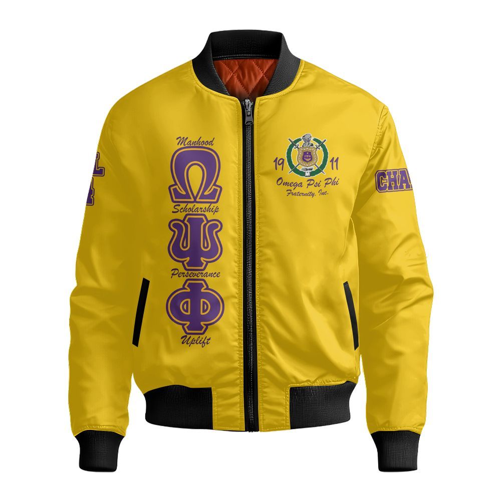 Ireishprint ΩΨΦ Custom Line Crossing Jacket, Personalized Gold Jacket ΩΨΦ Fraternity Bomber Jacket