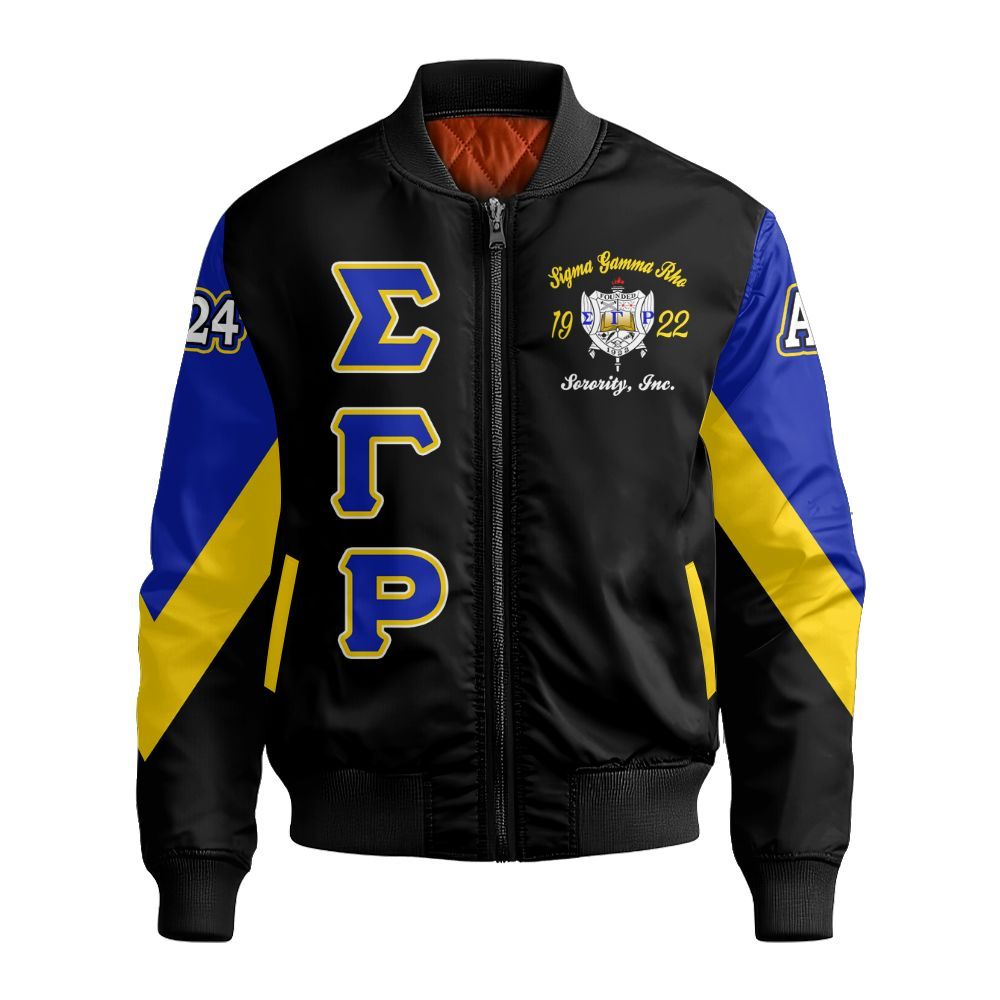 Ireishprint Sigma Gamma Rho Custom Chapter Varsity Jacket, Gold Duo RHoyal Blue Curved Shoulder Style 1922 Sorority Bomber Jacket