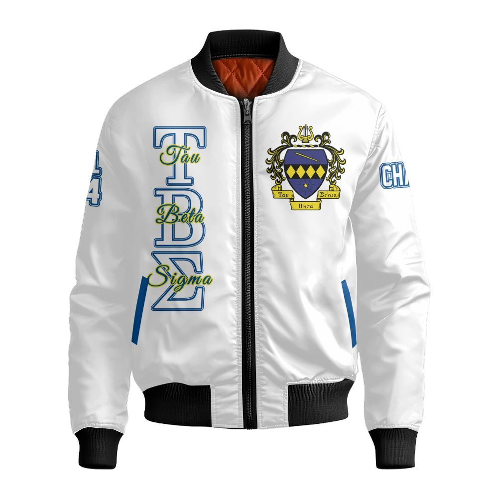 Ireishprint Tau Beta Sigma Custom Chapter Off Shoulder Sweatshirt, Personalized White Off Shoulder Sweatshirt Tau Beta Sigma Sorority Bomber Jacket