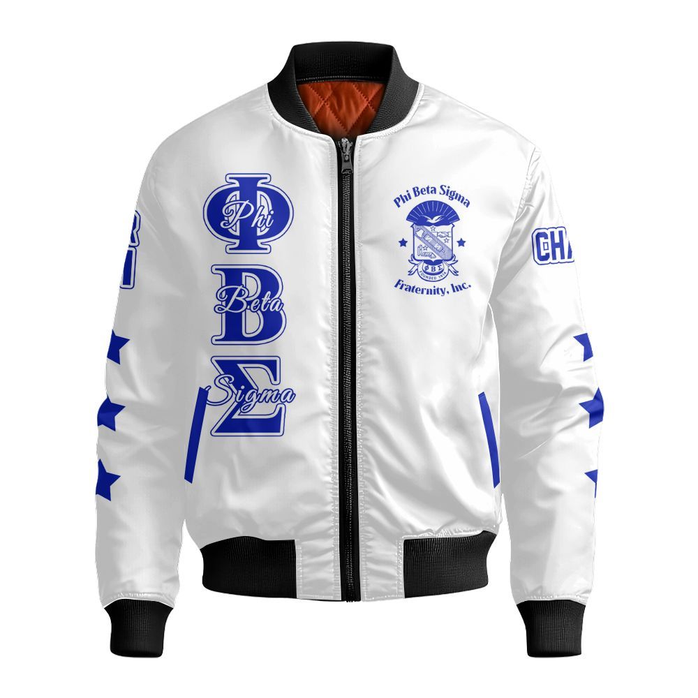 Ireishprint Phi Beta Sigma Custom Chapter Bomber Jacket, Personalized Three Stars White Royal Blue Bomber Jacket Phi Beta Sigma Fraternity Bomber Jacket