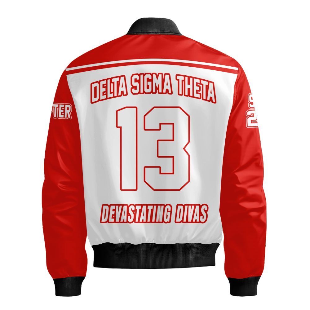 Ireishprint Delta Sigma Theta Custom Chapter Bomber Jacket, Personalized Sport Line White Mix Crimson Sleeve Delta Sigma Theta Sorority Bomber Jacket