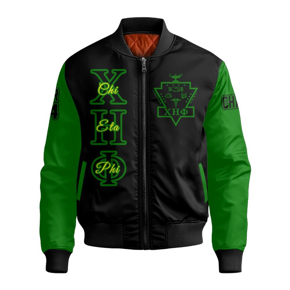 Ireishprint Chi Eta Phi Custom Chapter Varsity Jacket, Personalized Black Mix Pea Green Varsity Jacket Chi Eta Phi Sorority Bomber Jacket