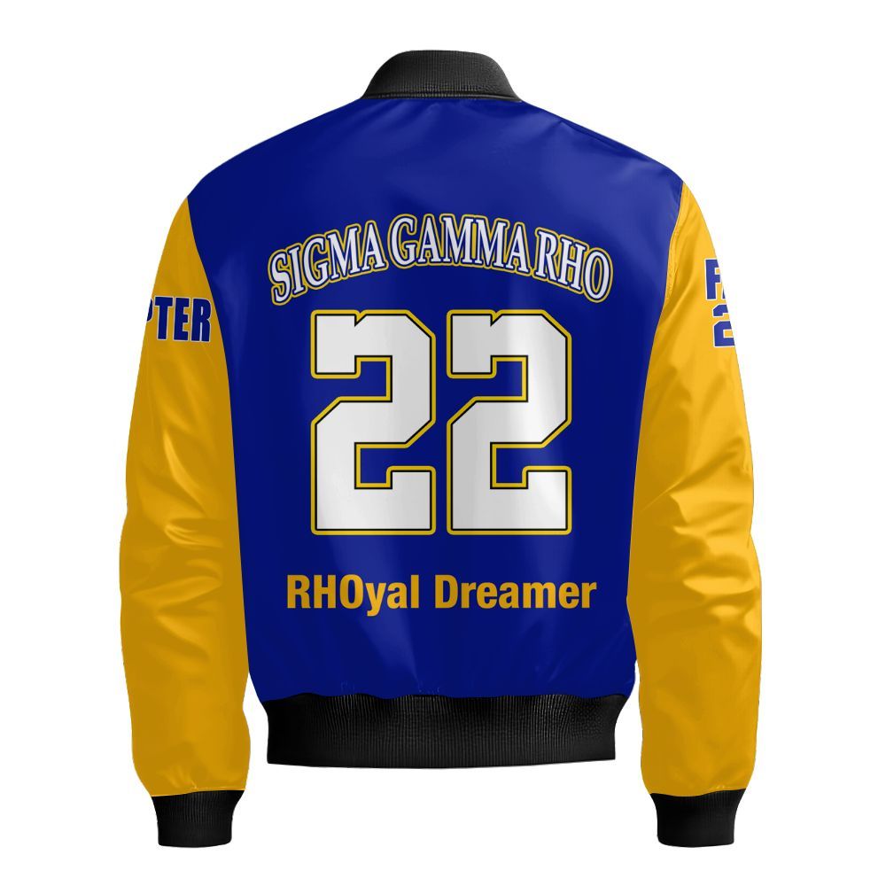 Ireishprint Sigma Gamma Rho Custom Chapter Bomber Jacket, RHoyal Blue Mix Gold Style 1922 Sorority Bomber Jacket