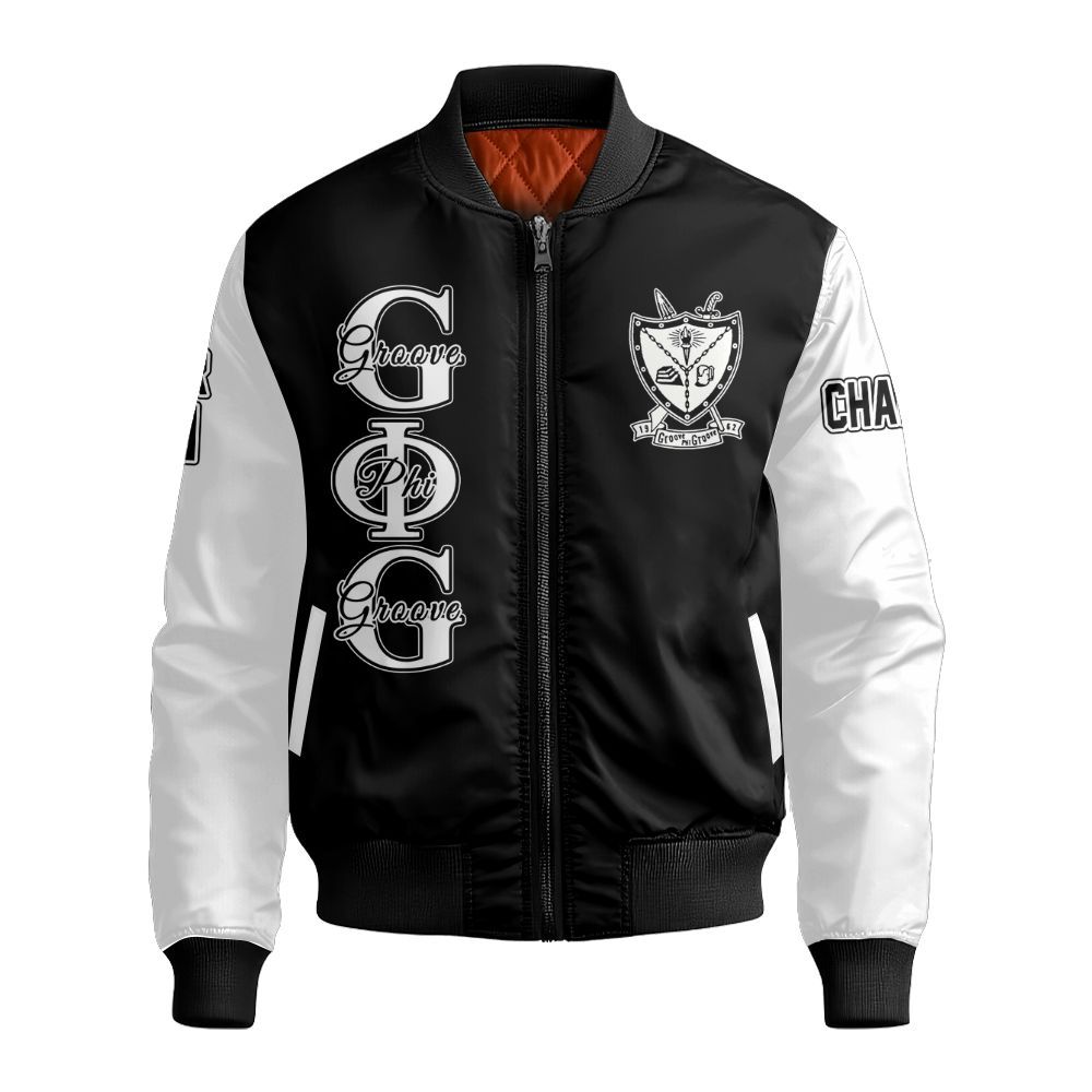 Ireishprint Groove Phi Groove Custom Chapter Stitched Jacket, Personalized White Sleeves Black Stitched Jacket Groove Phi Groove Fraternity Bomber Jacket
