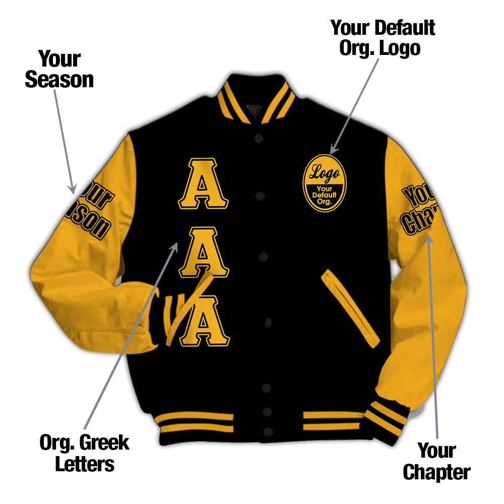 Custom Chapter Varsity Jacket, Alpha Phi Alpha Old Gold Sleeve Black 1906 Fraternity Jacket