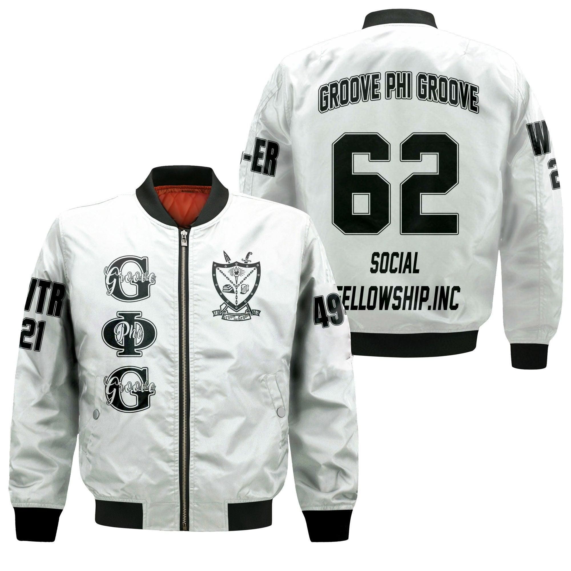 Custom Chapter Groove Phi Groove Jacket - Groove Phi Groove (White) Sleeve Zip Bomber Jacket