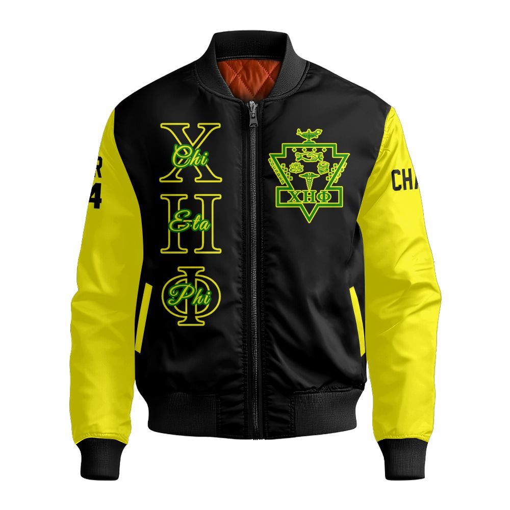 Ireishprint Chi Eta Phi Custom Chapter Shirt, Personalized Black Mix Lemon Yellow Shirt Chi Eta Phi Sorority Bomber Jacket