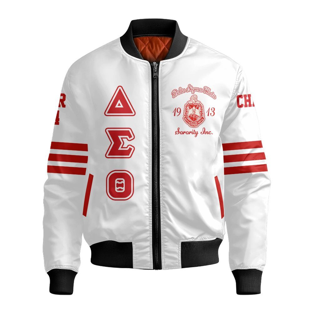 Ireishprint Delta Sigma Theta Custom Chapter Varsity Jacket, Delta Sigma Theta Crimson Line Sleeve White Jacket 1913 Sorority Bomber Jacket