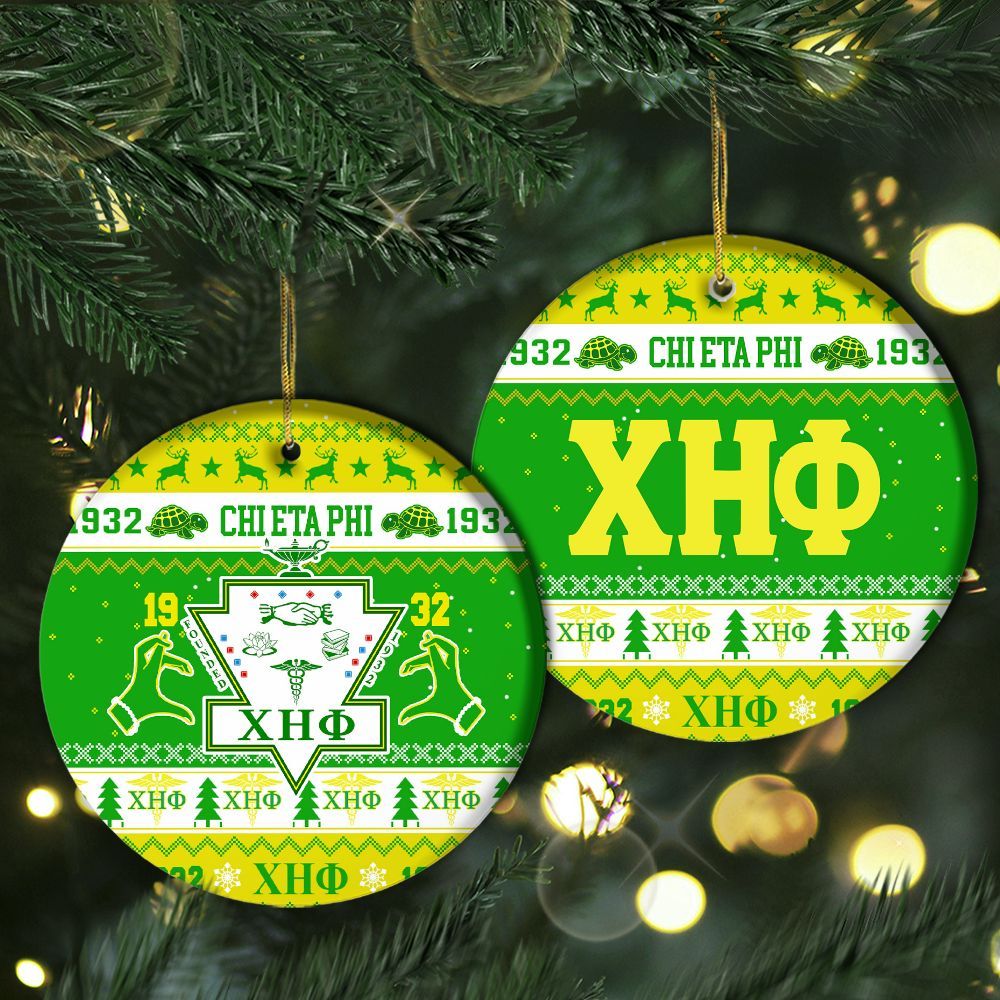Ireishprint Chi Eta Phi Ceramic Ornament, Green Yellow Christmas Inspired Pattern 1932 Sorority Ornament
