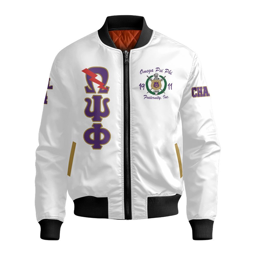 Ireishprint ΩΨΦ Custom Chapter Varsity Jacket, Personalized White Sleeves Jacket Omega 1911 ΩΨΦ Fraternity Bomber Jacket