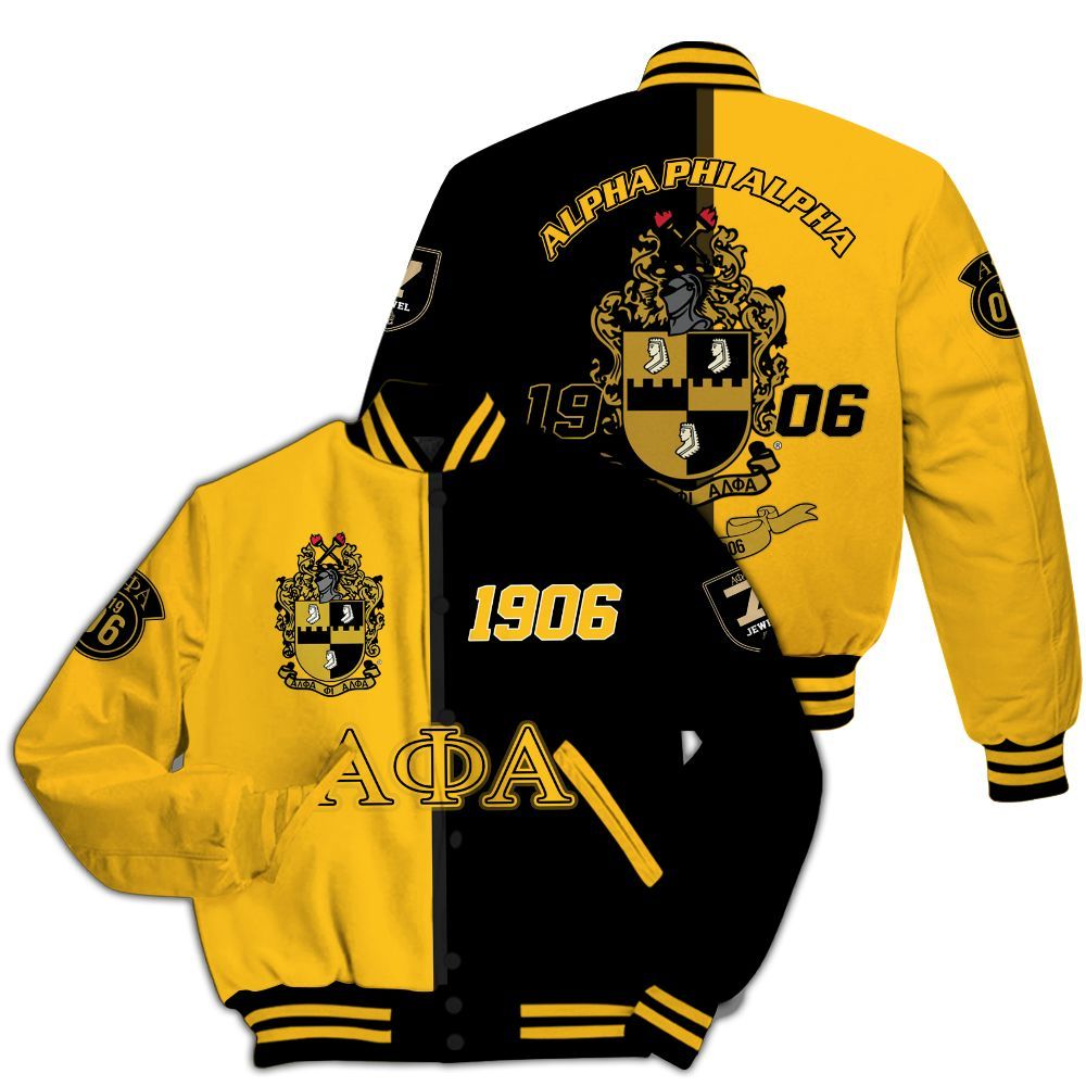 Ireishprint ΑΦΑ Varsity Jacket, Alphas Greek Letters 1906 Old Gold Mix Noir Fraternity Jacket