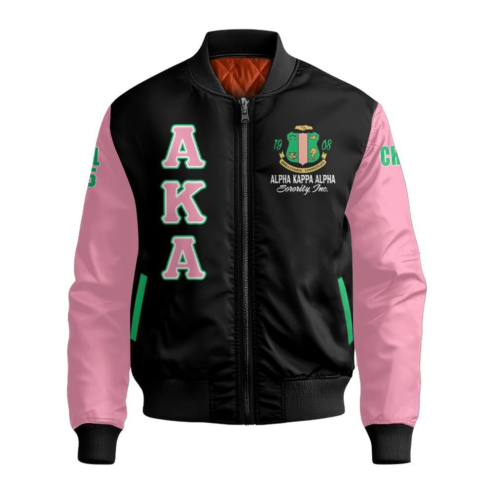 Ireishprint A.K.A Custom Chapter Crop Shirt, Salmon Pink And Apple Green Duo 1908 Sorority Bomber Jacket