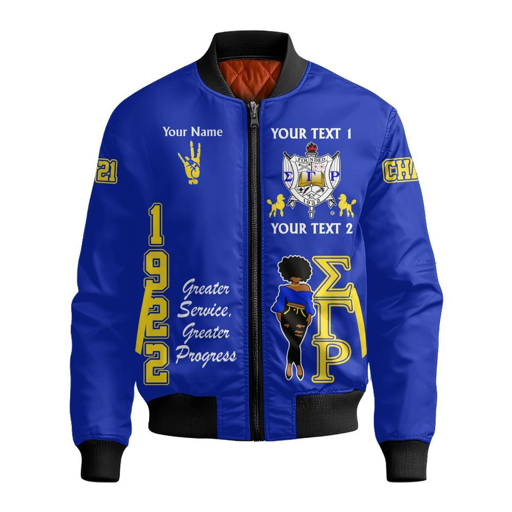 Ireishprint Sigma Gamma Rho Custom Full Line Shirt, Gold Duo Blue Crest Highlight Style 1922 Sorority Bomber Jacket