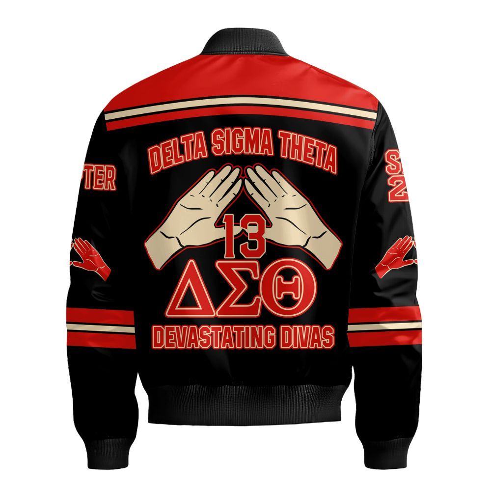 Ireishprint Delta Sigma Theta Custom Chapter Bomber Jacket, Personalized Hand Sign Black Jacket Delta Sigma Theta Sorority Bomber Jacket