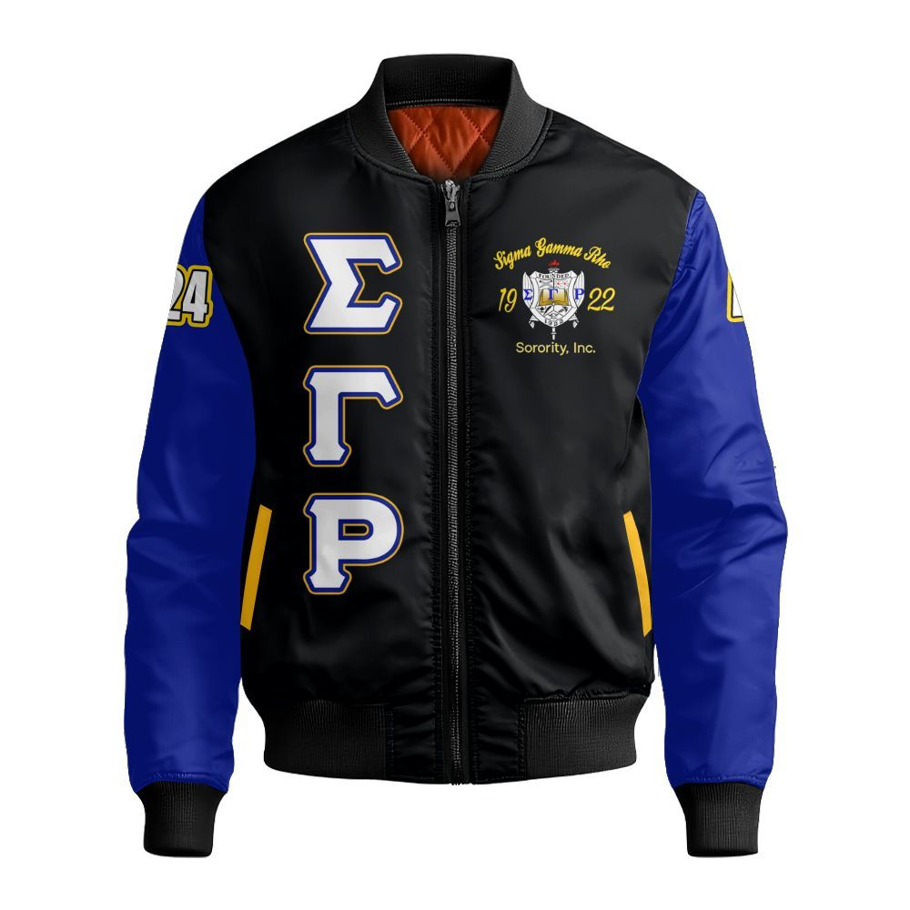 Ireishprint Sigma Gamma Rho Custom Chapter Bomber Jacket, RHoyal Pretty Black Mix Gold Style 1922 Sorority Bomber Jacket