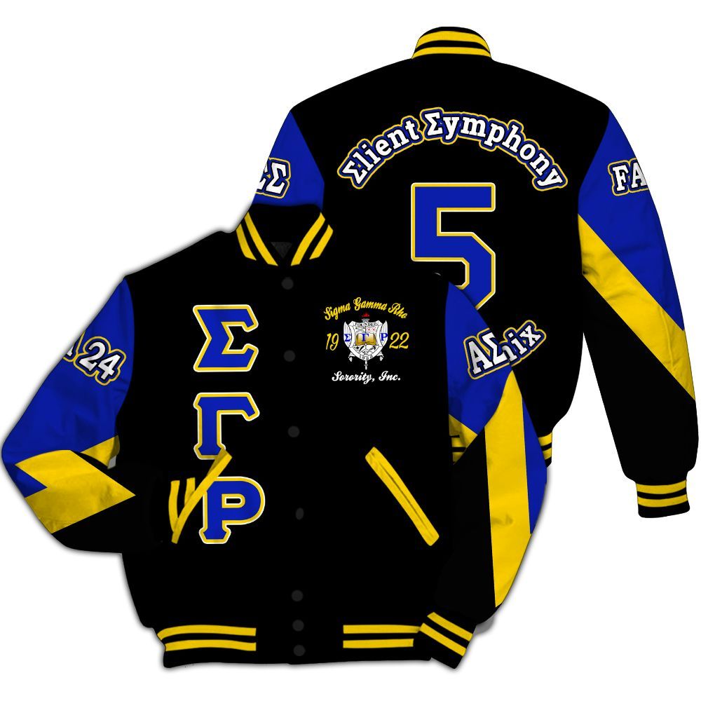 Ireishprint Sigma Gamma Rho Custom Chapter Varsity Jacket, Gold Duo RHoyal Blue Curved Shoulder Style 1922 Sorority Jacket